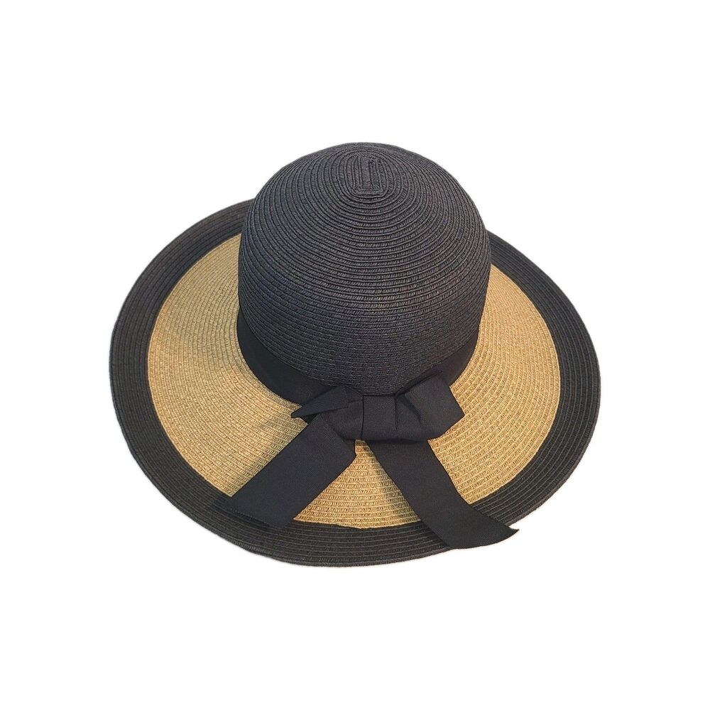 Scala Pronto Two Tone Wide Brim Sun Hat Black/Tan Bow OSFM Coastal Euro Vacay